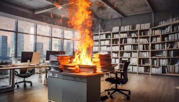 An office with a desk on which piles of files burn fiercely, symbolising bureaucracy, AI generated, AI generated