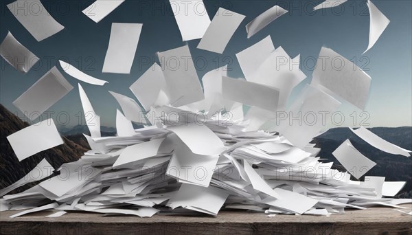 White papers flying in front of a blue sky and mountain panorama, symbol bureaucracy, AI generated, AI generated