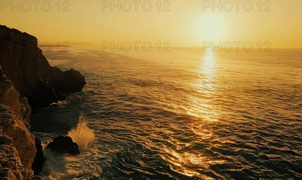 Sunrise creates a reflective golden hour above waves crashing against cliffs AI generated