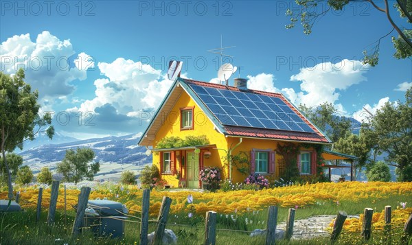 A cozy yellow countryside house with solar panels among blooming flowers on a sunny day AI generated