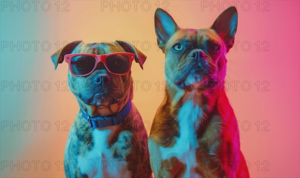 A serious and attentive pair of dogs in sunglasses under colored lighting AI generated