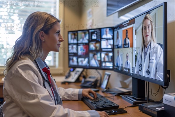 Healthcare professional engaged in a telemedicine video call with multiple participants, AI generated
