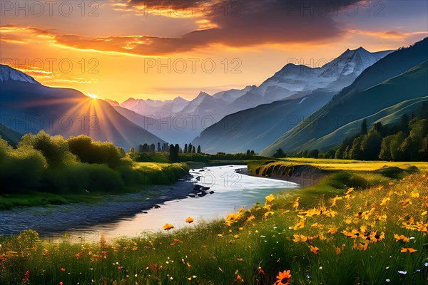 Sunrise illuminating a tranquil river serpentine path through a vibrant green valley, AI generated