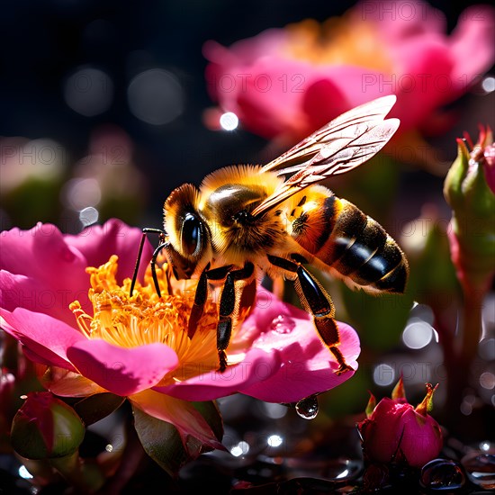 Bee engaged in the delicate task of nectar collection from a rose essence of summer garden vibrancy, AI generated