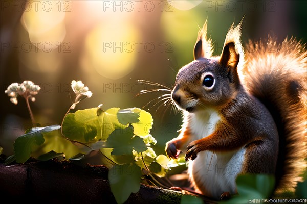 Squirrel engaged in foraging activities amid a verdant summer woodland sunbeams permeating the leaf, AI generated