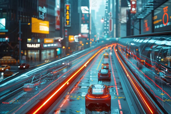Vibrant futuristic cityscape with traffic and neon lights on wet roads, capturing urban dusk ambiance, AI generated