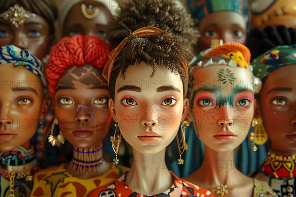 Close-up of diverse dolls representing different cultures, adorned with detailed fashion accessories, illustration, AI generated
