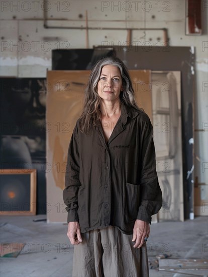 Artist stands in thought in her studio with unfinished paintings in the background, AI generated
