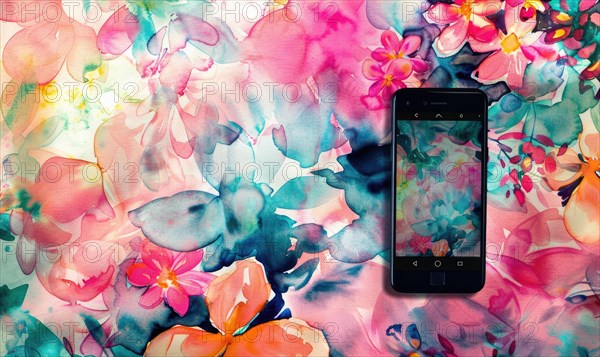 Artistic smartphone mockup against a vibrant watercolor floral seamless background AI generated