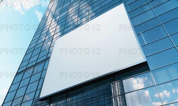 Blank screen banner mockup displayed on the modern building facade. Close Up view AI generated