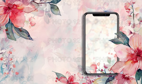 Smartphone with blank screen mockup on delicate watercolor floral seamless background AI generated