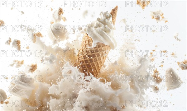 Ice cream cone explosion on white background AI generated