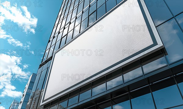 Blank screen banner mockup displayed on the modern building facade. Close Up view AI generated