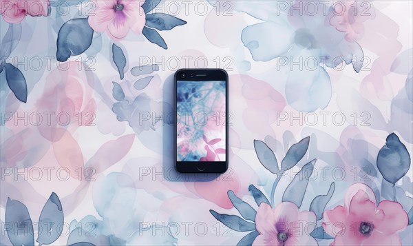 Smartphone mockup on watercolor floral patter AI generated