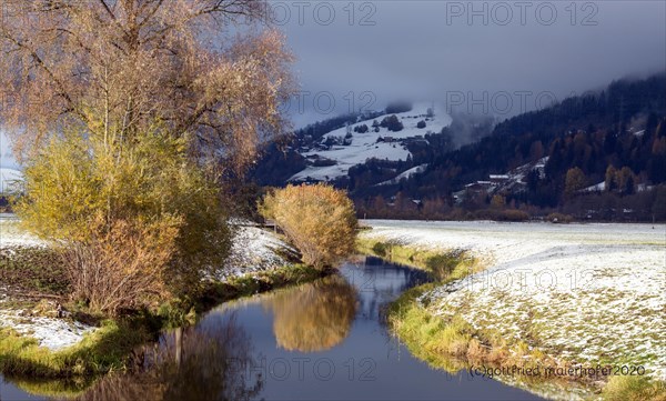Landscape panorama, snowy, brook, reflection, pinzgau