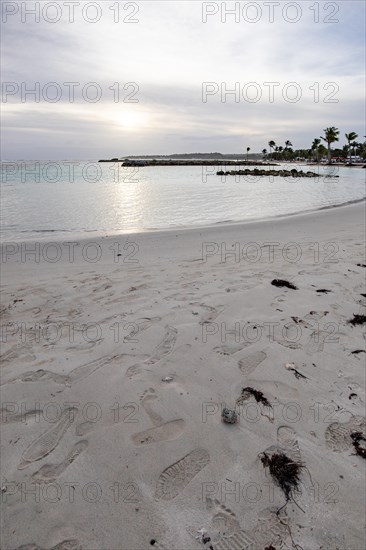 Caribbean dream beach with palm trees, white sandy beach and turquoise-coloured, crystal-clear water in the sea. Shallow bay at sunset. Plage de Sainte Anne, Grande Terre, Guadeloupe, French Antilles, North America