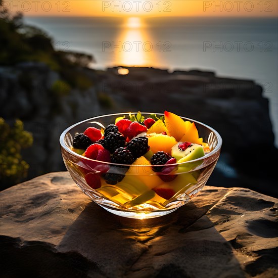 Glass bowl brimming with colorful fruit salad perched on a cliffs edge vast ocean, AI generated