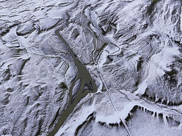 Overgrown river landscape, onset of winter, Fjallabak Nature Reserve, drone shot, Sudurland, Iceland, Europe