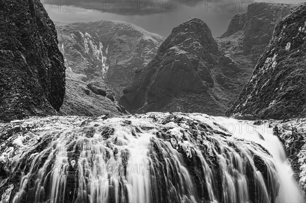 Stjornarfoss waterfall, near Kirkjubaejarklaustur, black and white photo, Sudurland, Iceland, Europe