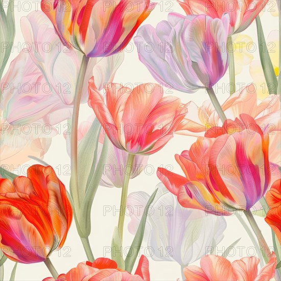 Seamless tulip watercolor flowers pattern AI generated