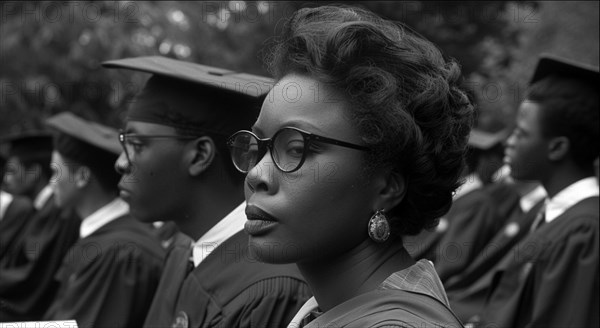 Elegant profile of a young adult african american female graduate in vintage eyewear and hairstyle, black-and-white, AI generated