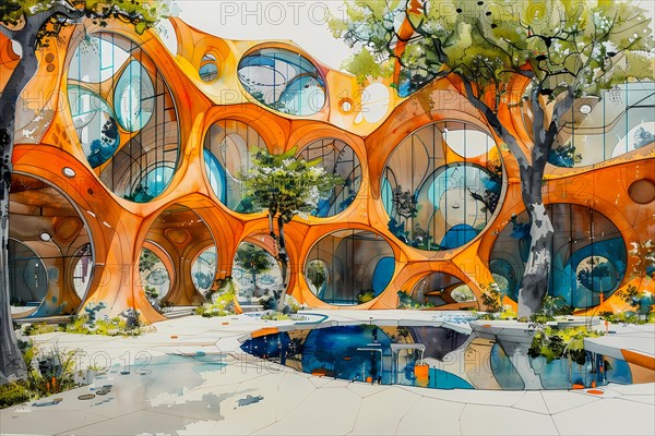 A whimsical watercolor illustration of a futuristic orange building with abstract shapes and reflections, AI generated