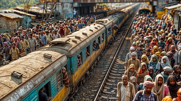 Crowded train station with many people on platforms and a train running through, AI generated