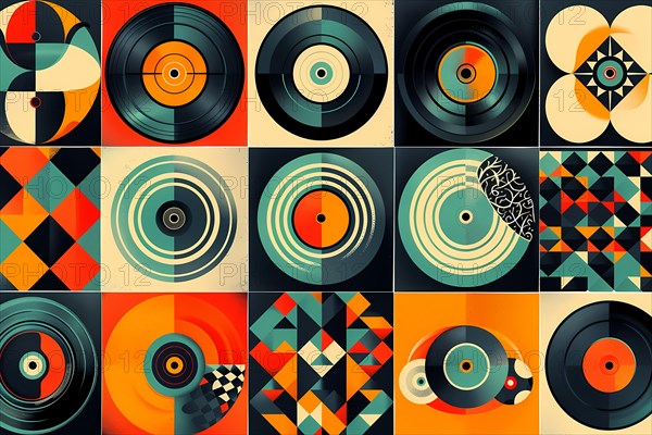 Collage of abstract geometric patterns and vinyl records with a retro music theme, illustration, AI generated