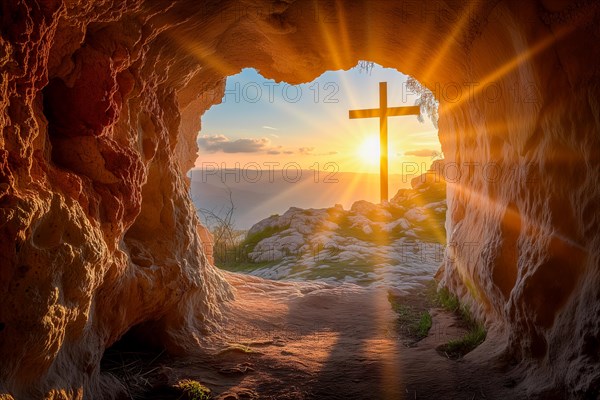 Easter concept cross on Golgotha Calvary hill against a dramatic sunset seen from open tomb of Jesus, AI generated