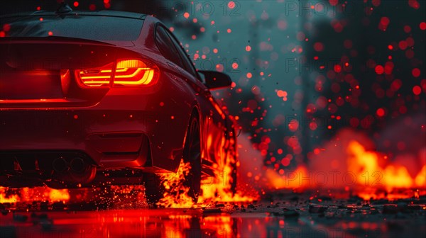 Dynamic image of a red car speeding and splashing water on the road, blurry background, bokeh effect, AI generated