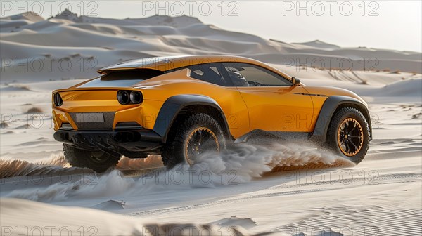 A rugged dual-tone off-road vehicle conquering sand dunes in the desert, AI generated