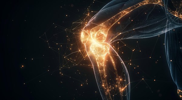 Abstract digital illustration of knee joint with orange glowing connectivity aspects, ai generated, AI generated