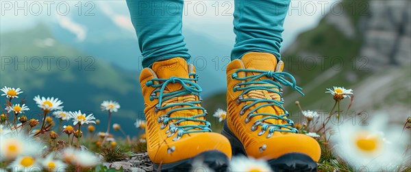 Woman wearing Vibrant yellow boots among wildflowers on a mountain trail, AI generated