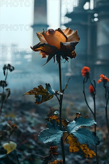 Wilted flower against a backdrop of industrial smokestacks, AI generated