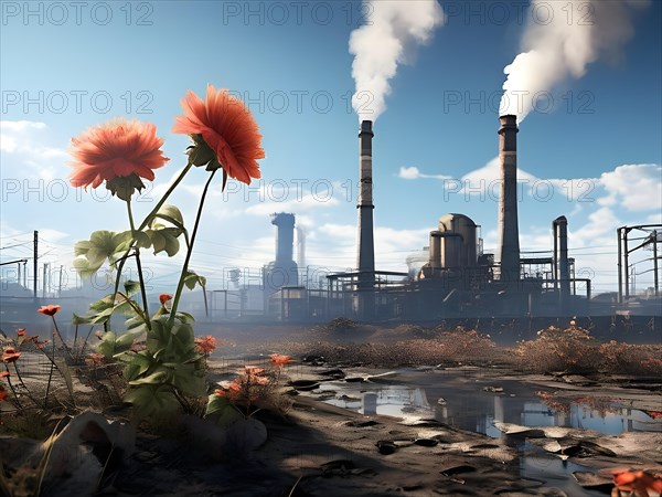 Wilted flowers against a backdrop of industrial smokestacks, AI generated