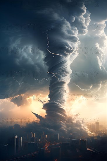 3d render abstract particles converging into a tornado to represent severe weather phenomena over a city, AI generated