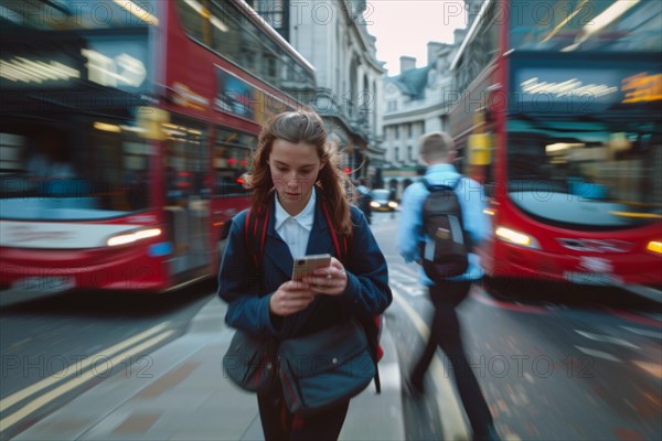 A young woman in a hurry looks at her smartphone on a busy street, symbolic image for accident risk due to media distraction, double-decker bus in London City with motion blur, hectic environment, AI generated, AI generated, AI generated