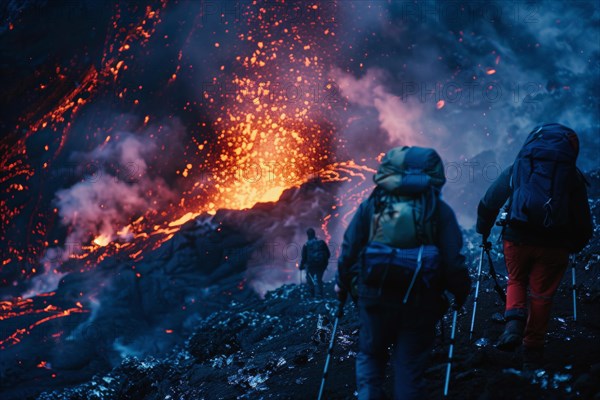 Tourists, hiking group, expedition, onlookers on the way to an active volcano, surrounded by hot, partially cooled lava flows, symbolic image for volcano tourism, disaster tourism, travel trends and the associated dangers, AI generated, AI generated, AI generated
