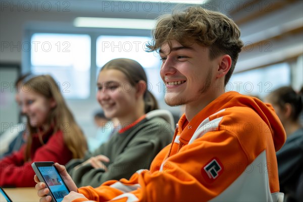 A pupil, teenager sitting in a classroom with a smartphone, symbol image, digital teaching, learning environment, media skills, eLearning, media education, AI generated, AI generated, AI generated