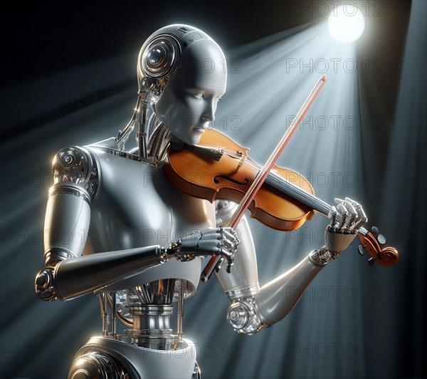 A humanoid robot stands in a concert hall and plays classical music with a violin, symbolic image cybernetics, science fiction, technology, art AI generated, AI generated