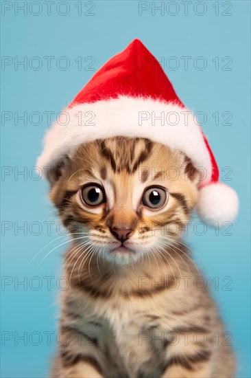 Cute young Bengal cat with red Christmas Santa hat on blue studio background. KI generiert, generiert, AI generated