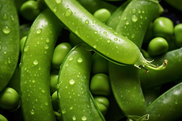 Close up of green fresh peas in hull. KI generiert, generiert, AI generated