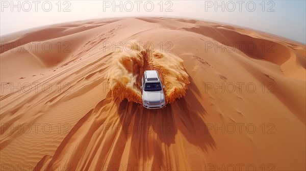 A solitary vehicle leaves a trail of dust in its wake as it traverses towering sand dunes, action sports drone aerial photography, AI generated