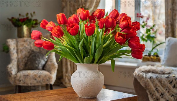 A large bouquet of red tulips in a vase, stands on the table in the flat, spring, AI generated, AI generated