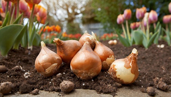 Tulip bulbs on the garden floor, AI generated, AI generated