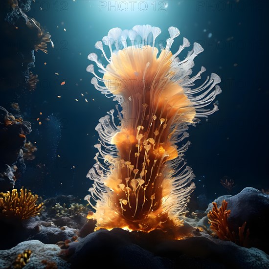 Hydrothermal vent chimney encircled by tube worms in deep ocean habitat, AI generated