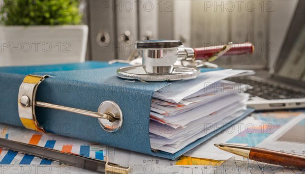 Stethoscope on a pile of documents next to a laptop in the office, symbol bureaucracy, AI generated, AI generated