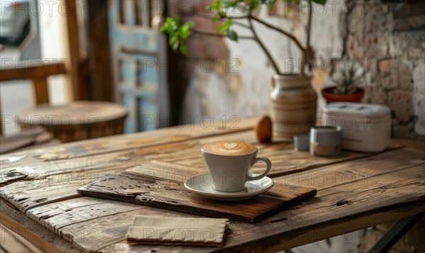 Cappuccino on a wooden table in a vintage coffee shop with soft bokeh background AI generated