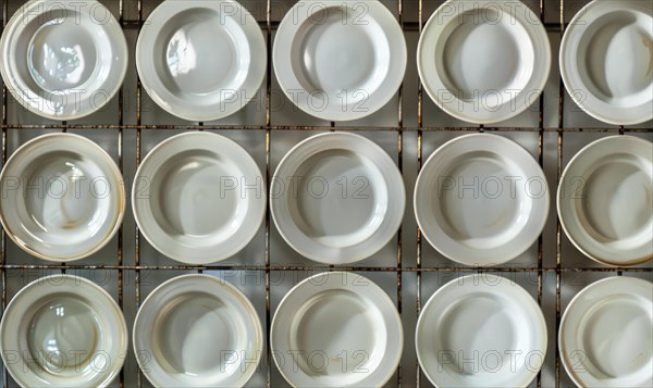 An array of white ceramic plates organized in a grid, creating a pattern of symmetry AI generated