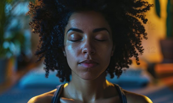 Relaxed woman with afro textured hair enjoying a peaceful, dimly lit moment AI generated